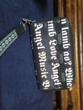 Stylish Black Script-Print Wristlet Wallet - Unbranded